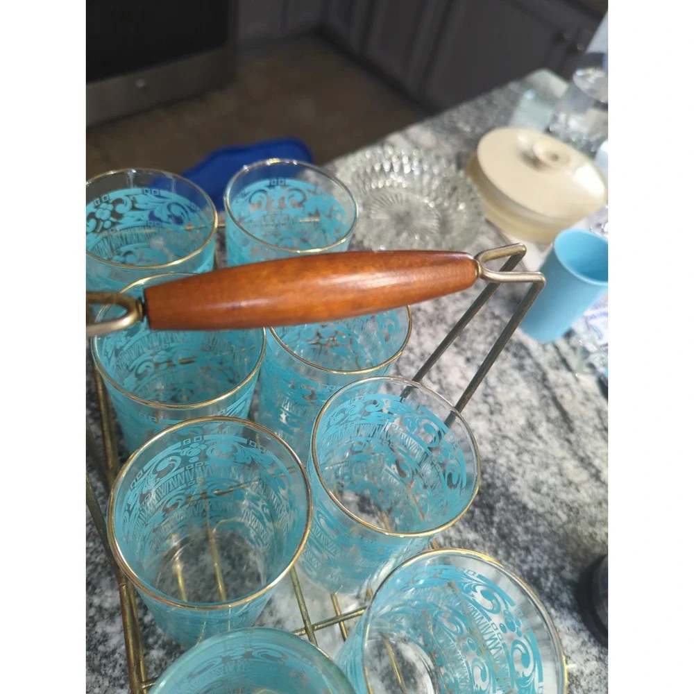 8 Vintage Anchor Hocking Chantilly Turquoise Drinking Glasses With MCM Holder